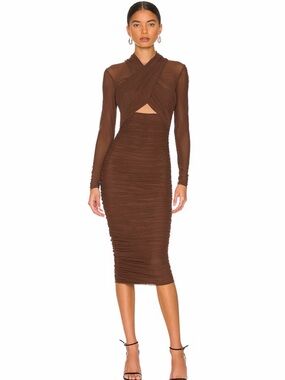 Bardot Brown Long-Sleeve Ruched Midi Dress with Front Cutout
